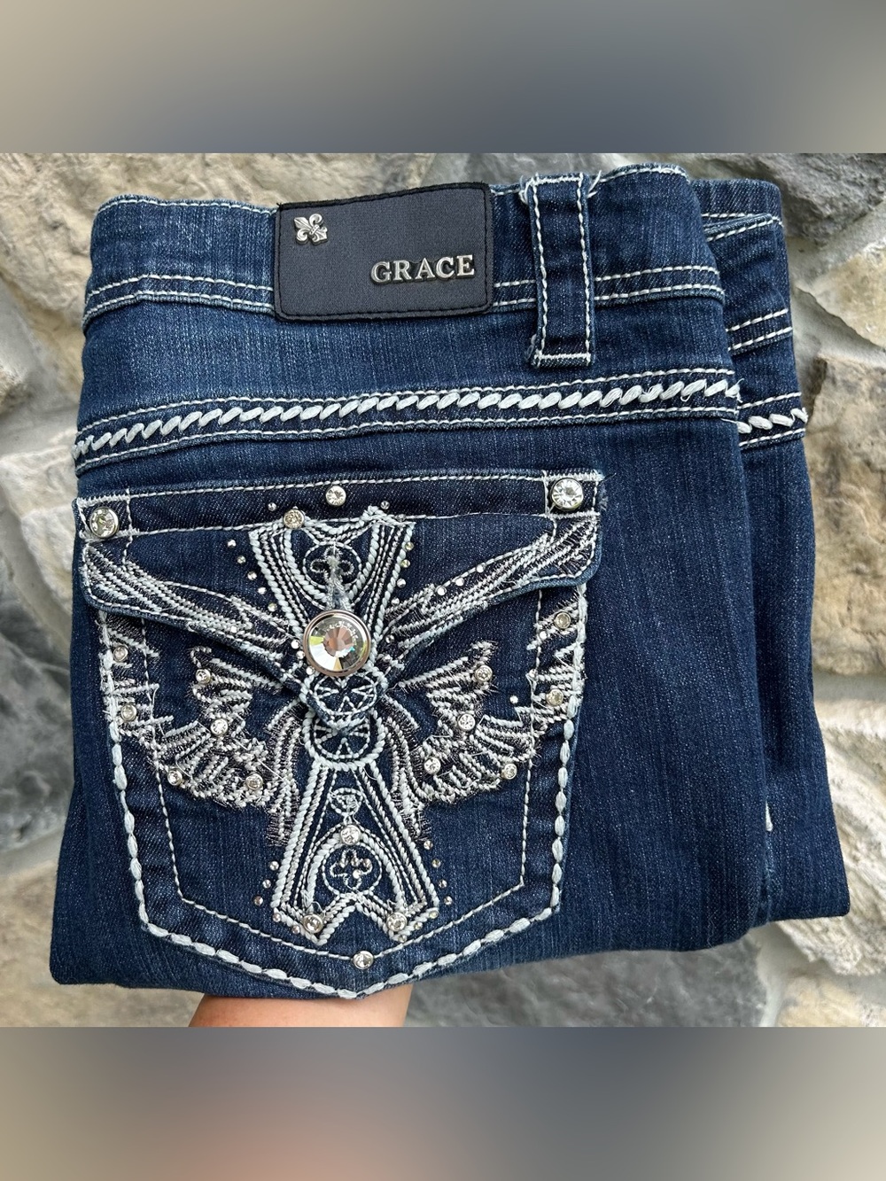 Grace In LA Bling Pocket Jeans Plus Size 17 Dark Wash Western Denim Angel Wings